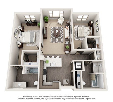 Floor plan for 2 beds, 2 baths, 1027 sqft